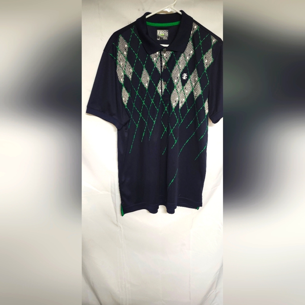 Izod Navy Polo Golf Shirt with Green and White Argyle Design